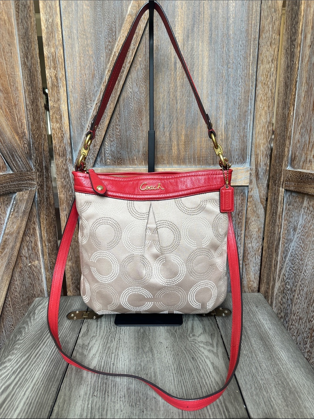 Coach Ashley Dotted Op Art Beige Jacquard/Red Leather Handbag Purse F20088